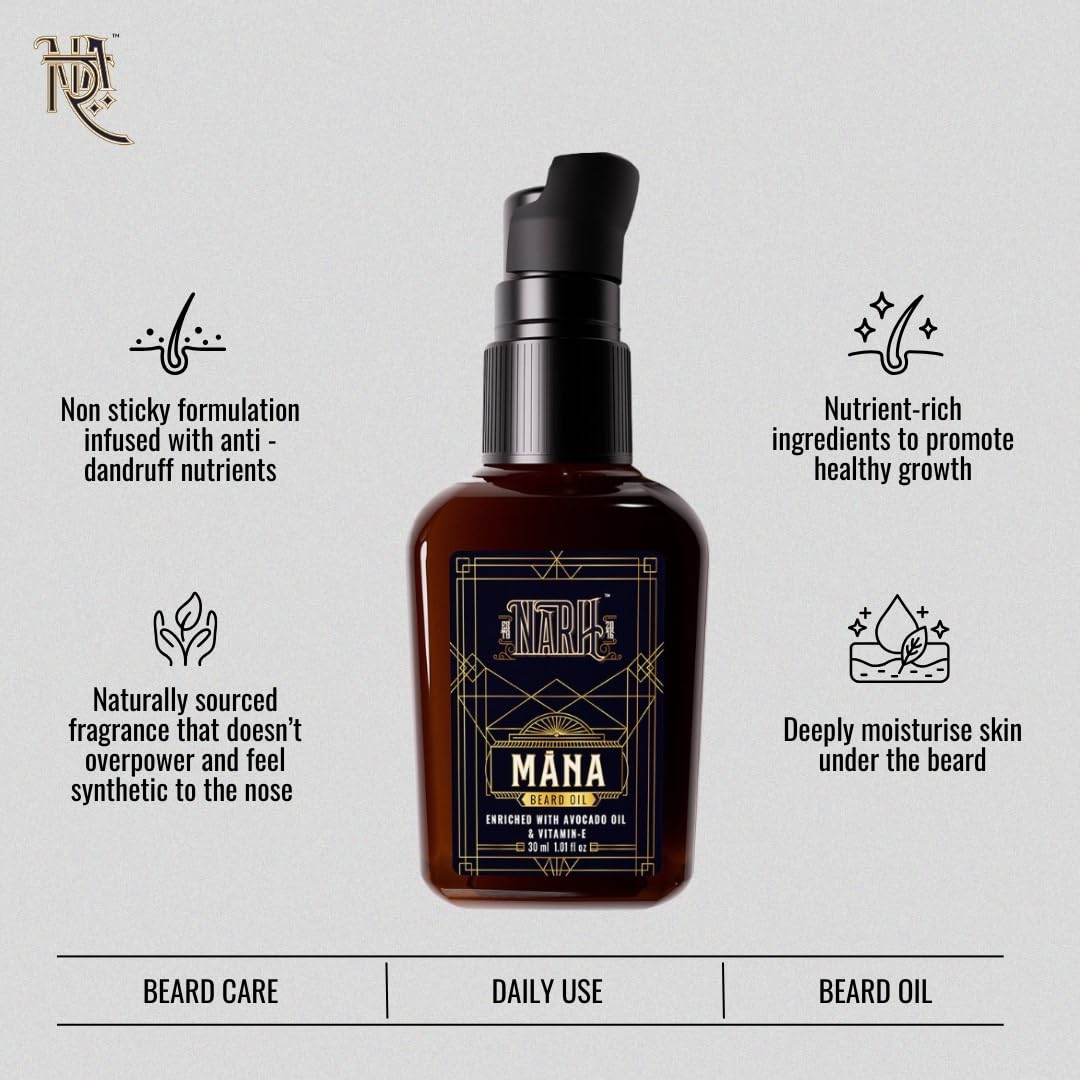 NARH MANA | Premium Beard Oil | All-Natural Grooming Oil with Oud Fragrance | Non-Sticky, Hydrating, Beard Nourishing Formula | Enriched with Jojoba, Avocado Oi