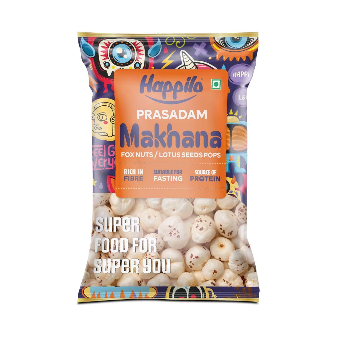 Happilo Premium Plain Prasadam Makhana 200g, Fit for Fasting, Lotus Seed Pop/Gorgon Nut Puffed Kernels, Hand-Picked 200 g (Pack of 1)
