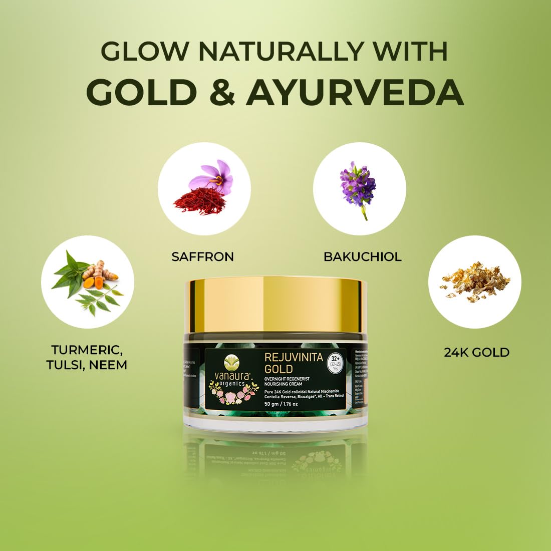 Vanaura Organics Rejuvinita Gold 32+ | Overnight Cream for Glowing Skin | Anti Ageing Night Cream for Women and Men | Pigmentation & Wrinkles | Tanning & Dullne