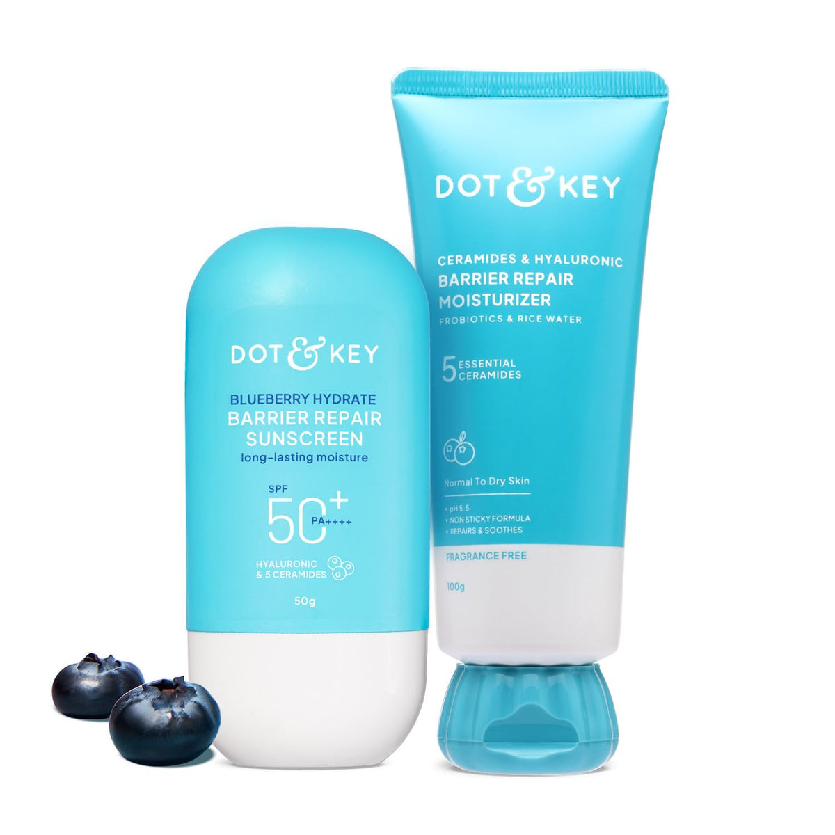 Dot & Key Skincare Ceramides & Hyaluronic Barrier Repair Moisturizer 100gm |Dot & Key Blueberry Hydrate Barrier Repair Sunscreen SPF 50+ PA++++ 50g
