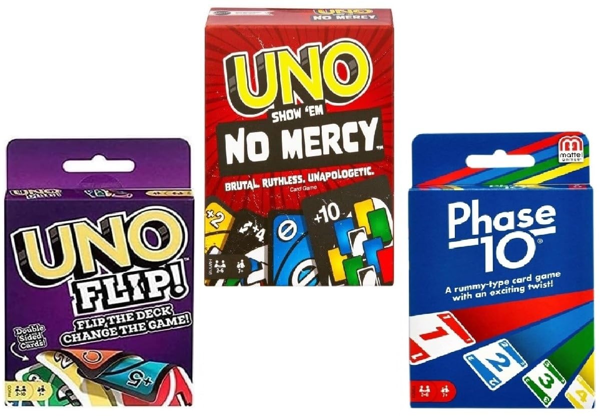 Mattel Uno No Mercy, Flip and Phase 10 Card Game, Combo Pack of 3