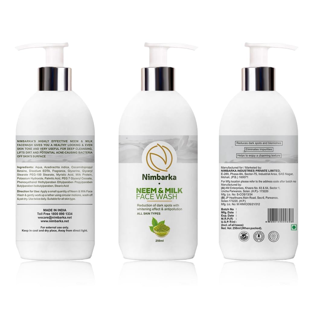 Neem & Milk Face Wash for Oily Skin, Acne-Prone Skin – Paraben-Free Herbal Cleanser with Neem Extract, Milk Protein & Glycerine | For Men & Women | 250ml 250 ml