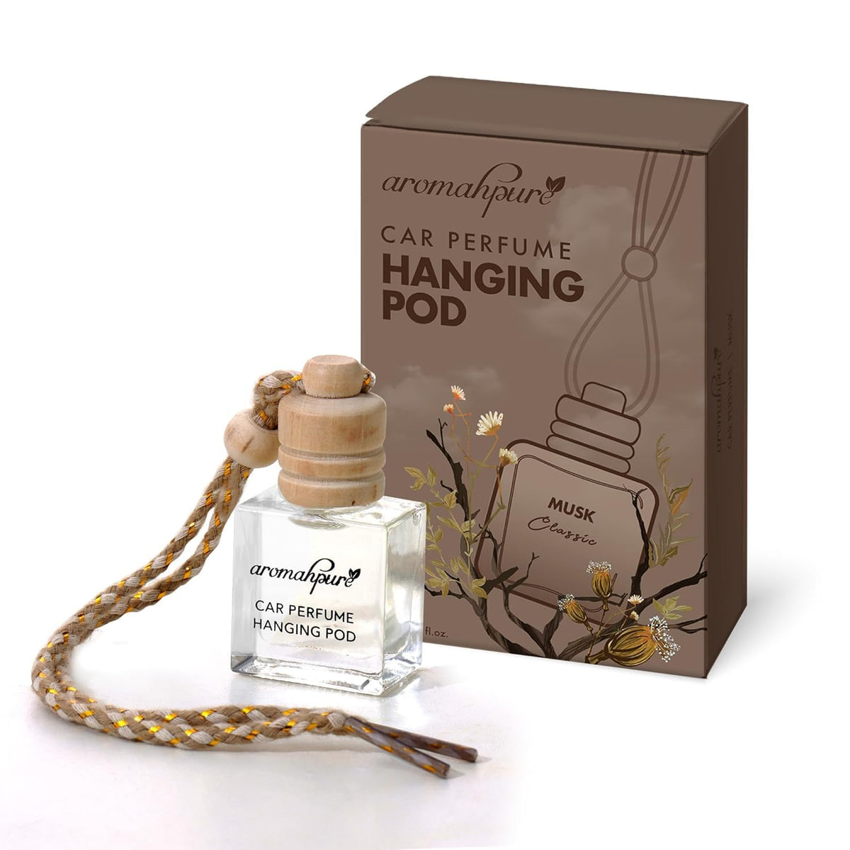 Aromahpure Premium Car Perfume Hanging Pod |10 ML | Classic Musk Fragrance Car Air Freshener | Natural Essential Fragrance Oils in Glass Bottle with Wooden Diff