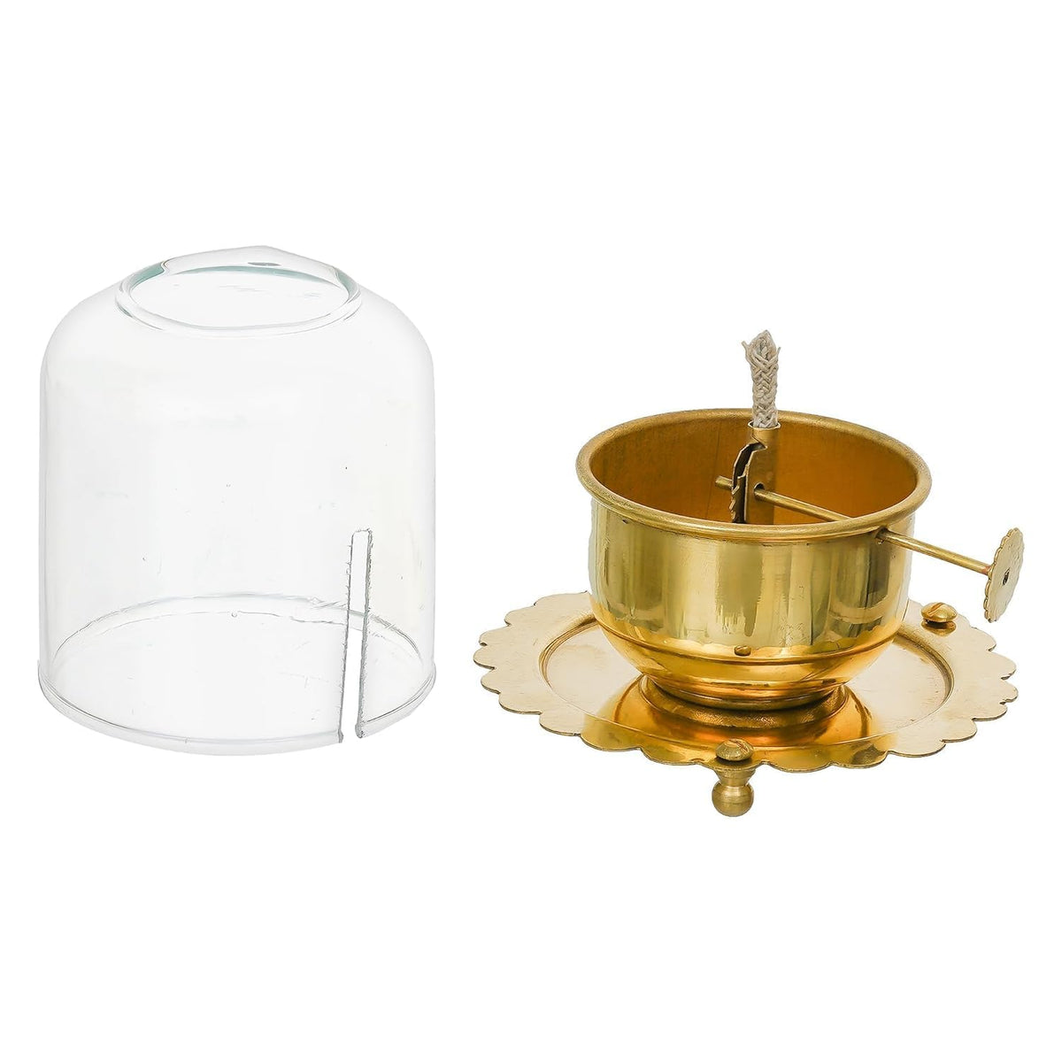 Brass Akhand Jyot Diya with Adjustable Bati Wick Lifting Screw Home Decoration Gifting Joyti Holder Navratri & Borosilicate Glass Cover Oil Diyas Pooja(Small)