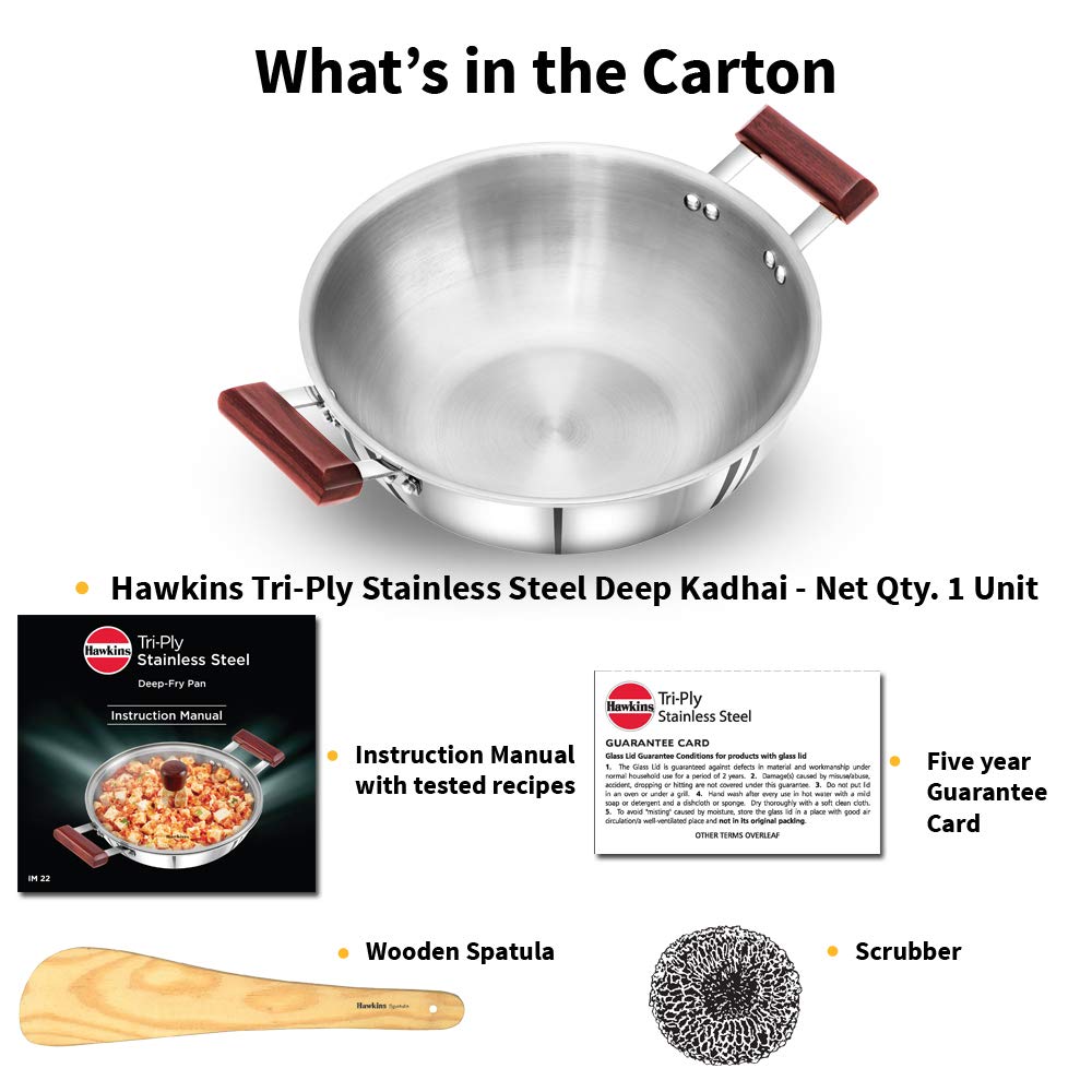 Hawkins 1.5 Litre Deep Fry Pan, Triply Stainless Steel Kadai, Flat Bottom Induction Kadhai, Small Kadai, Silver (SSD15)