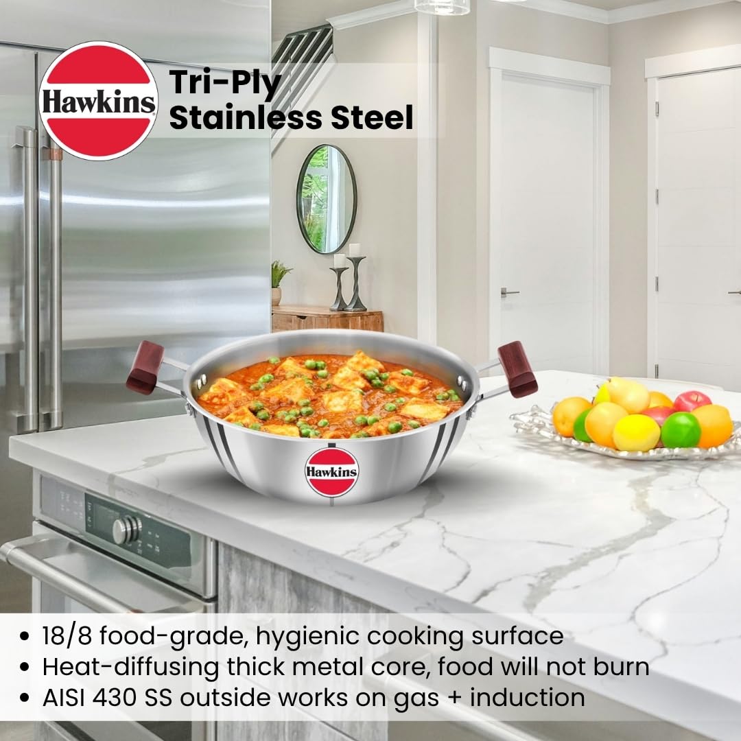 Hawkins 1.5 Litre Deep Fry Pan, Triply Stainless Steel Kadai, Flat Bottom Induction Kadhai, Small Kadai, Silver (SSD15)