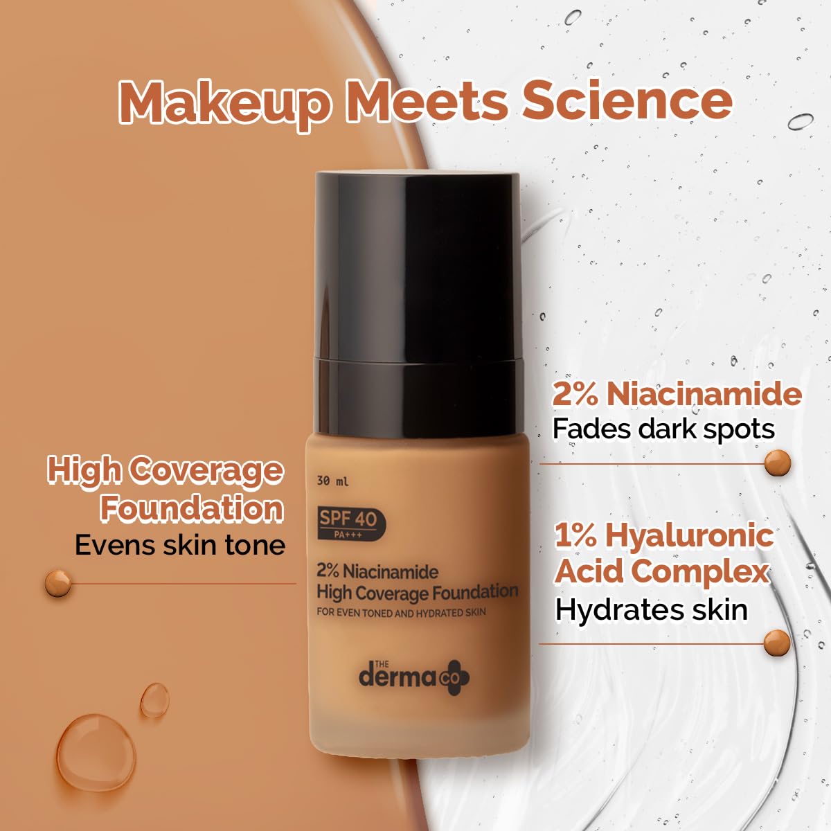The Derma Co Matte 2% Niacinamide Medium Coverage Liquid Foundation | With 1% Hyaluronic Acid | SPF 40 & Pa+++ | For 12 Hour Long Stay & Oil Control | For All Skin Types - 04 Caramel