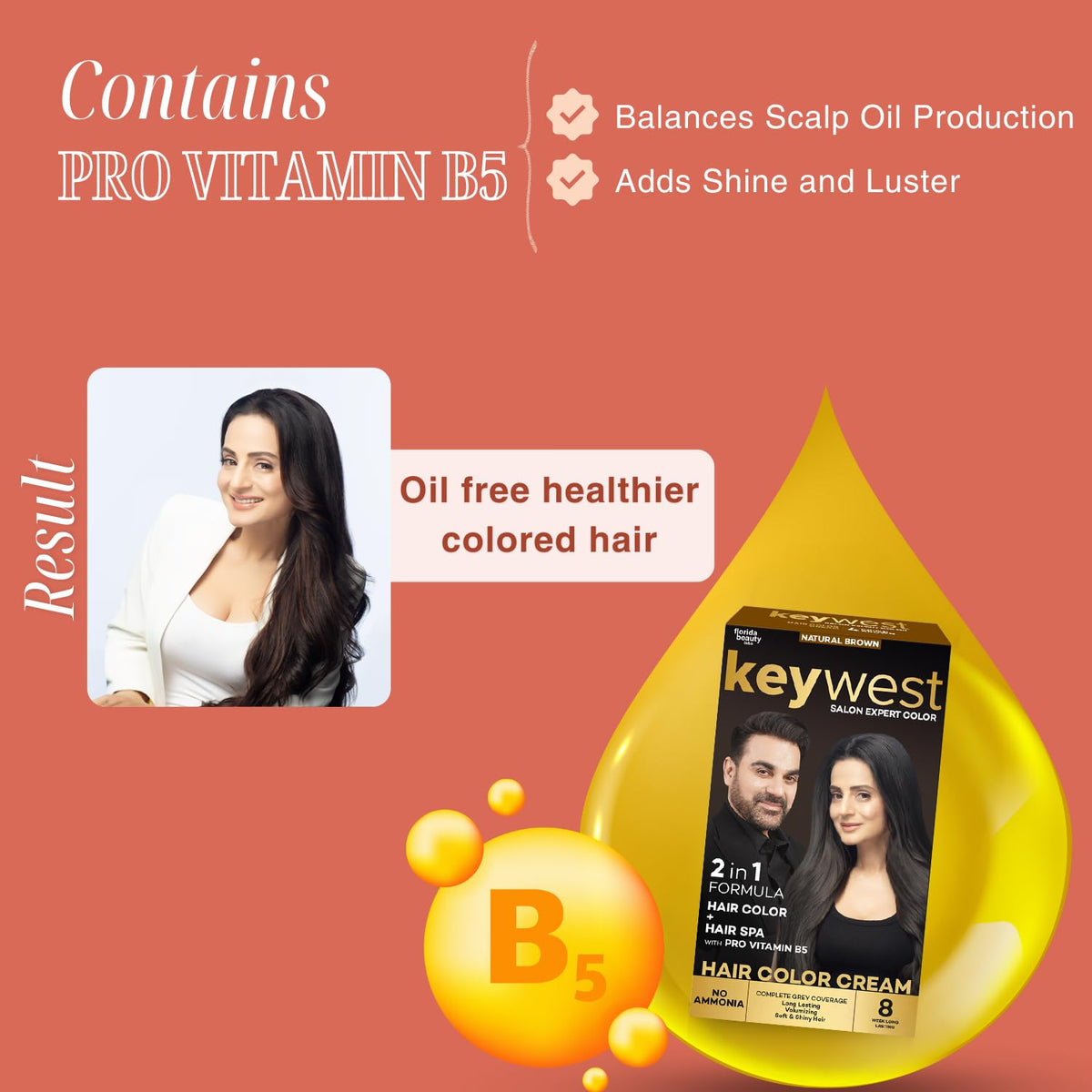 Keywest Crème Hair Colour Brown - 65ml (Ammonia Free) | Hair Color Cream | 2in1 Formula Hair Color + Hair Spa with Pro Vitamin B5