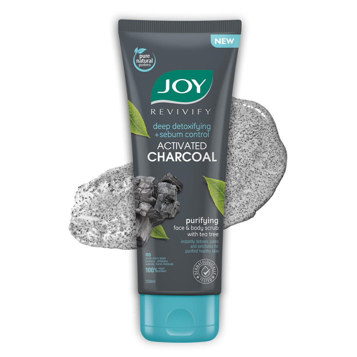 Joy Exfoliating Charcoal Face Scrub for Men & Women (200gm) | Oil Control Scrub For Face with Tea Tree | Detoxifies & Purifies All Skin Types | 100% Vegan; Gent