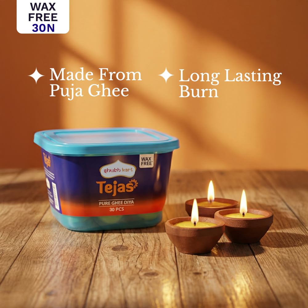 Shubhkart Tejas Ghee Diya with Batti Pack of 30 Diyas | Readymade Ghee Wicks| Diya Batti for Puja, Festivals & Other Religious Rituals| Wax Free (Pack of 1, 30
