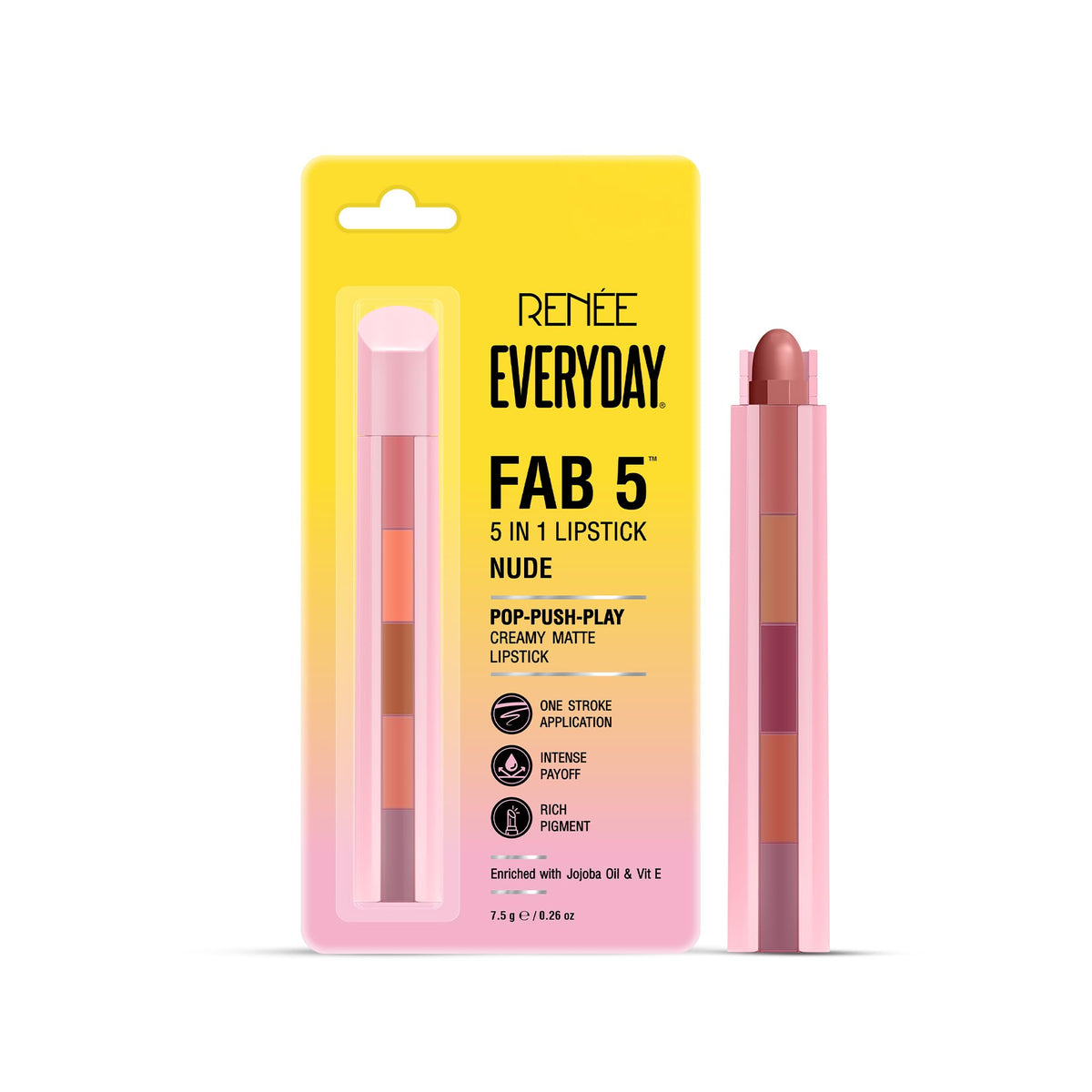 RENEE Everyday Fab 5 5-in-1 Nude Matte Lipstick | Five Shades In 1 Stick, Matte Finish, I Creamy Formula, Glides Easily, One Stroke Application | With Jojoba Oi