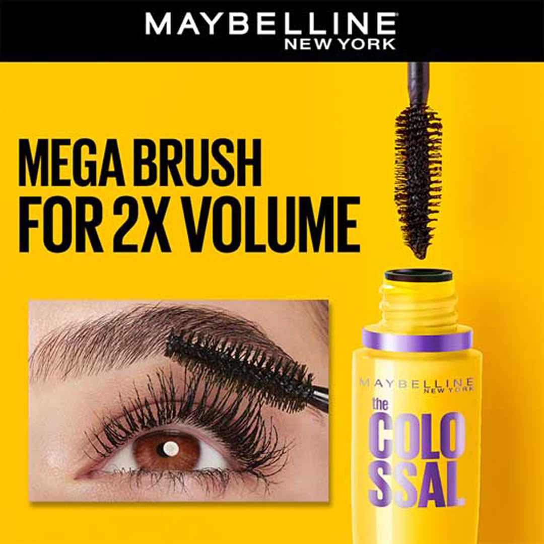 Maybelline New York Volume Express Colossal Mascara, Black, Highly Volumizing & Lengthening, Washable Mascara, Ophthalmologist Tested & Suitable For Contact Lens Wearers | 10.7ml