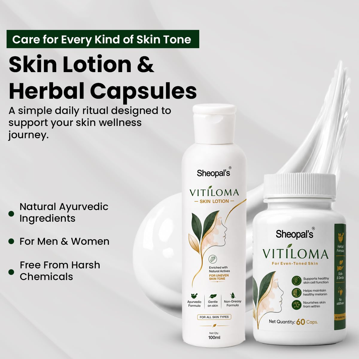 Sheopal's Vitiloma Combo | Skin Lotion & Capsules for Healthy-Looking Skin Tone | White Patches, Discoloration of Scar Removal, Piebald, for men and women ((Com