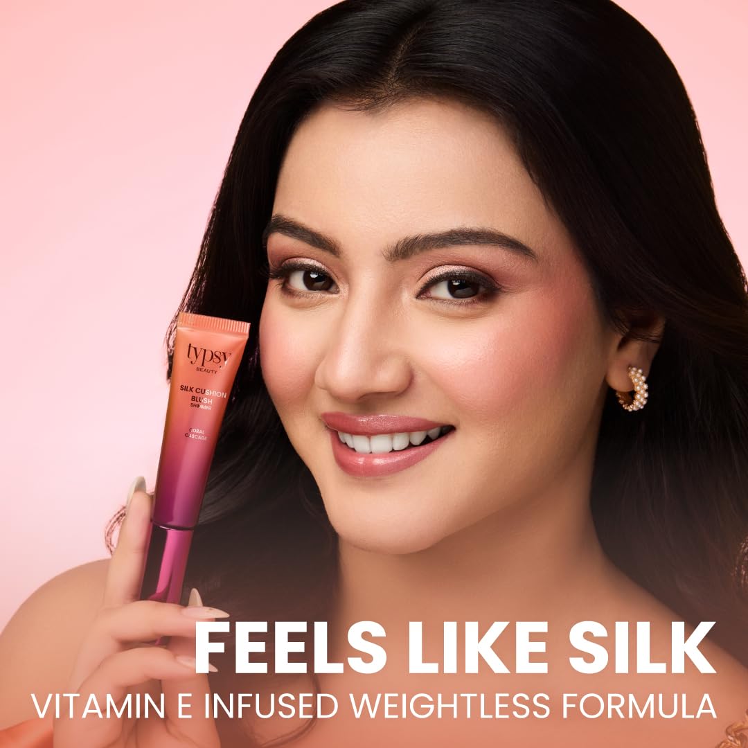 Typsy Beauty Liquid Blusher Coral Cascade | Silk Cushion Wand with Hyaluronic Acid & Vitamin E | Lightweight Buildable Face Makeup Blush & Highlighter | Cushion Tip | 15ml