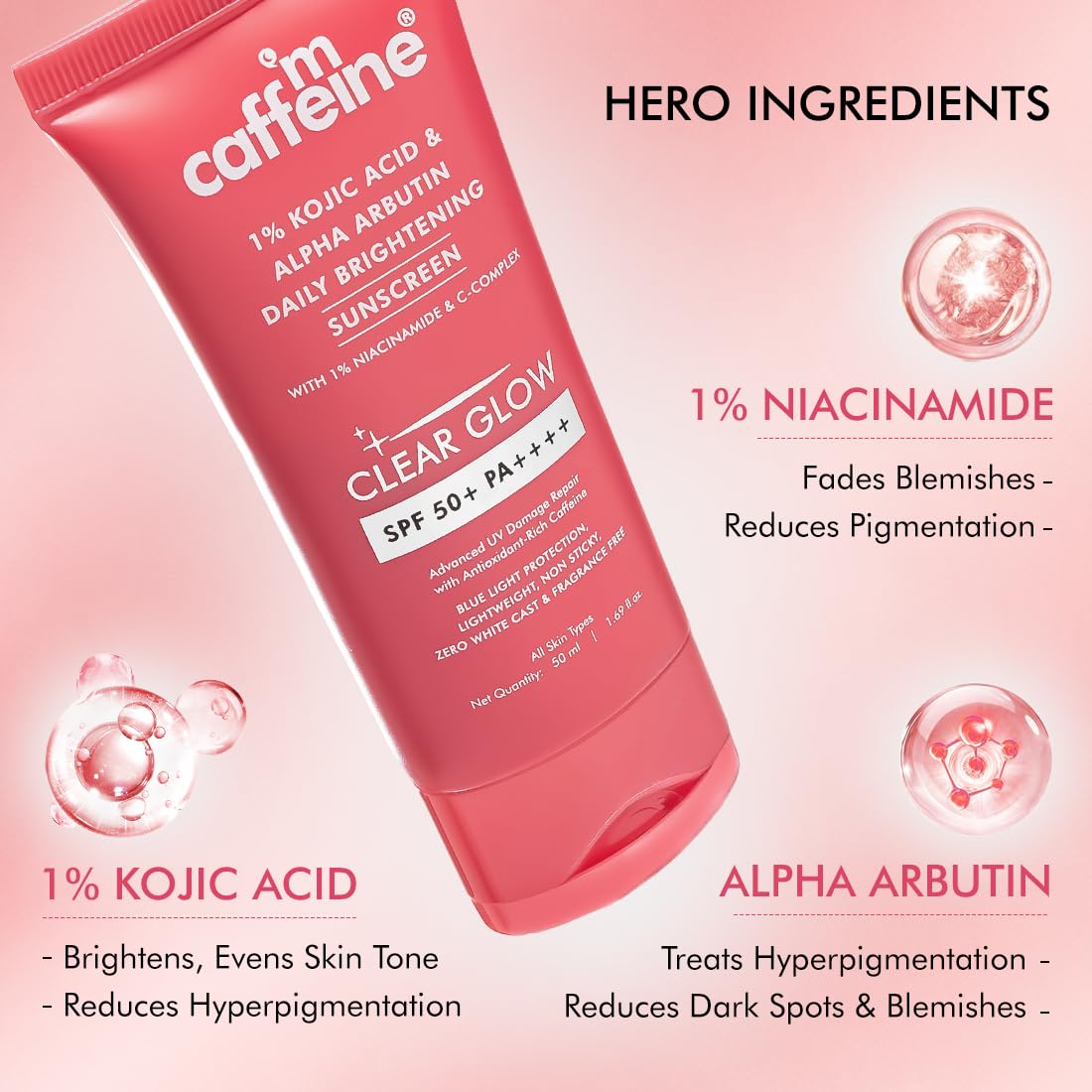mCaffeine CLEAR GLOW 1% Kojic Acid & Alpha Arbutin Brightening Sunscreen SPF 50 PA++++ |Niacinamide-Dark Spots & Pigmentation| UVA-B Sun Protection|For Men & Wo