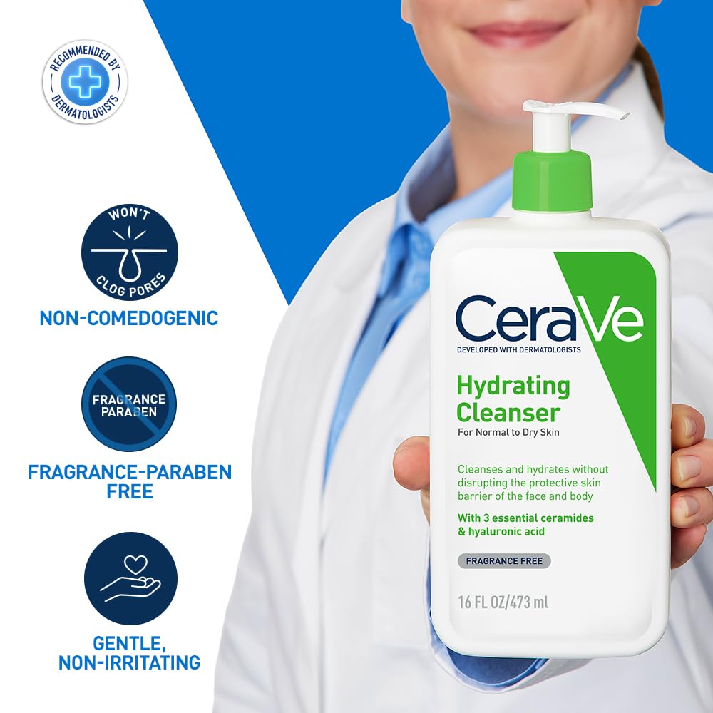 CeraVe Hydrating Cleanser For Normal To Dry Skin (473ml) - Non-Foaming Face Wash with Hyaluronic Acid And Ceramides | Non-Comedogenic, Non-Irritating And Fragrance-Free Cleanser
