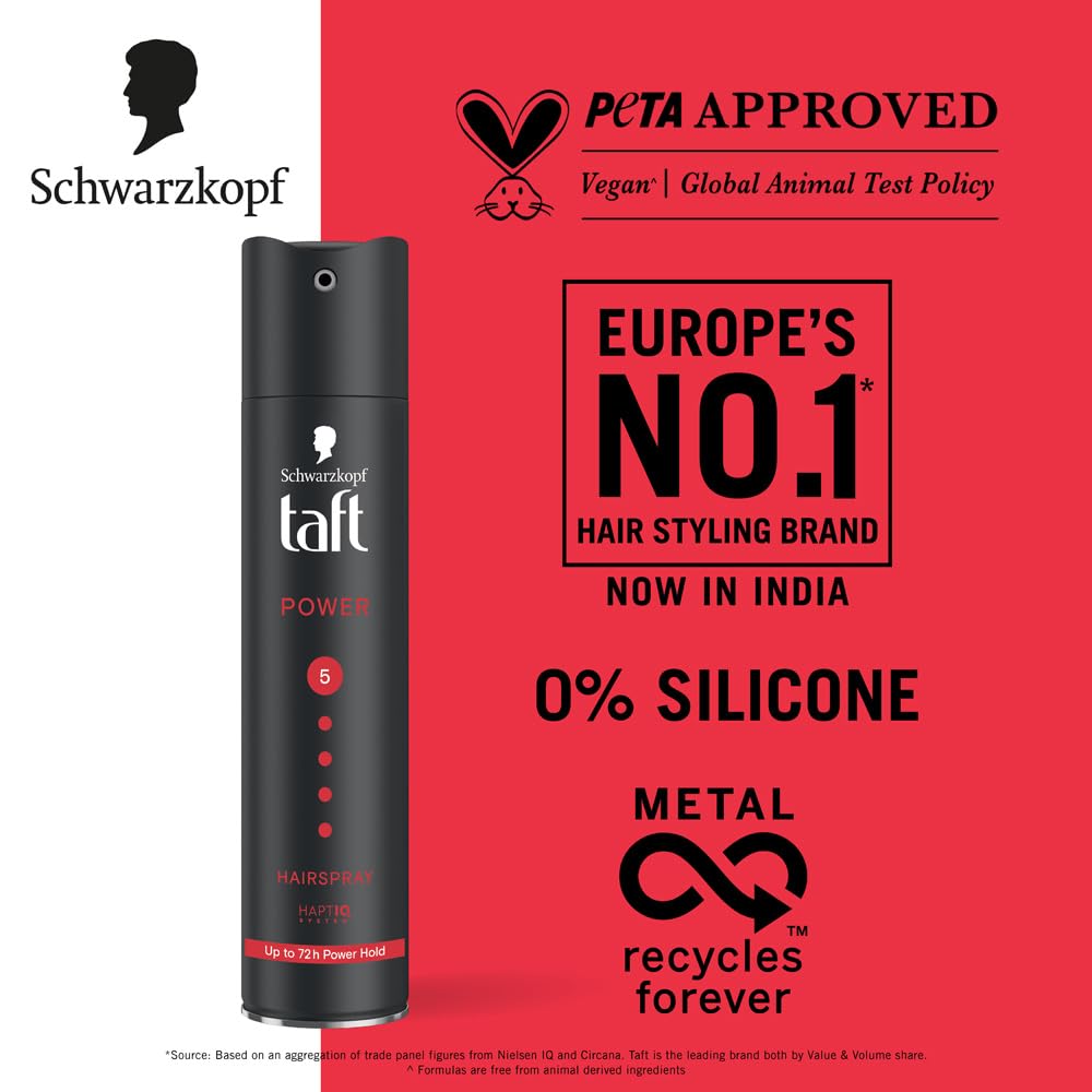 TAFT Schwarzkopf Power Hair Spray With Caffeine Formula For Strengthening Hair Hold 5, 72Hr Hold Protection From UV Rays, Wind And Humidity, No Stickiness, Easy