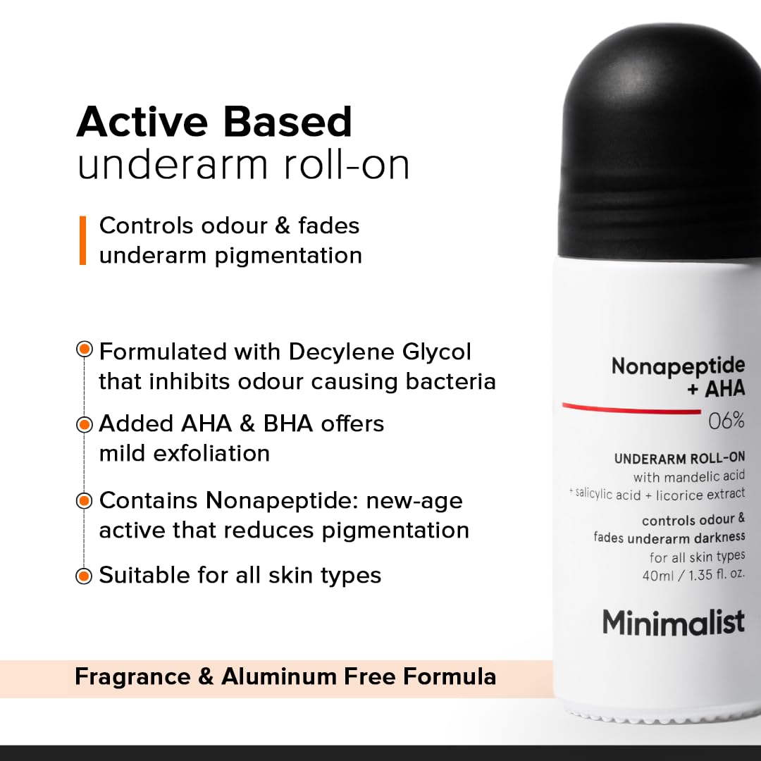Minimalist Underarm Roll On Deodorant with Nonapeptide + AHA BHA 06% | Controls Odour & Fades Darkness | Fragrance & Aluminium Free | Exfoliating Deo For Women
