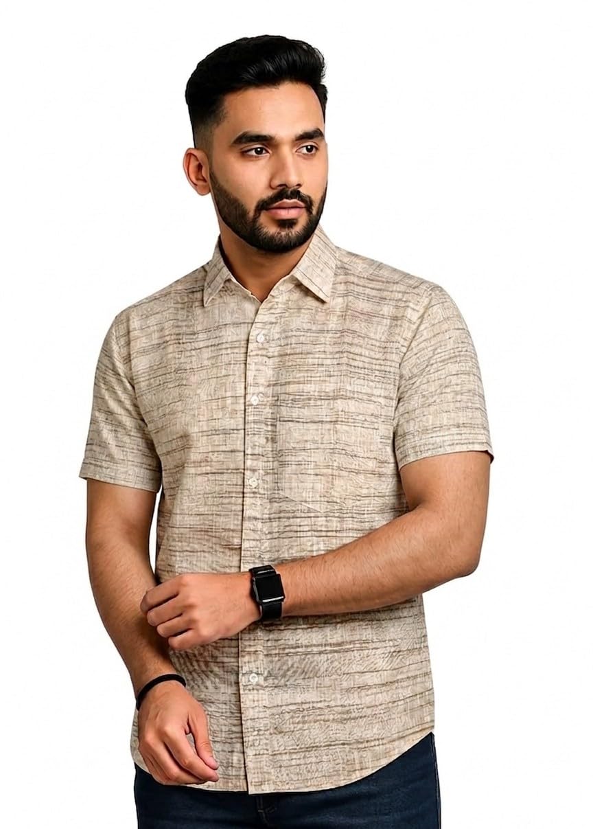 Men's Khadi Cotton Checkered Casual Shirt | Half Sleeve Regular Fit Shirt with Front Pocket | Stylish Everyday Wear L BEIGE