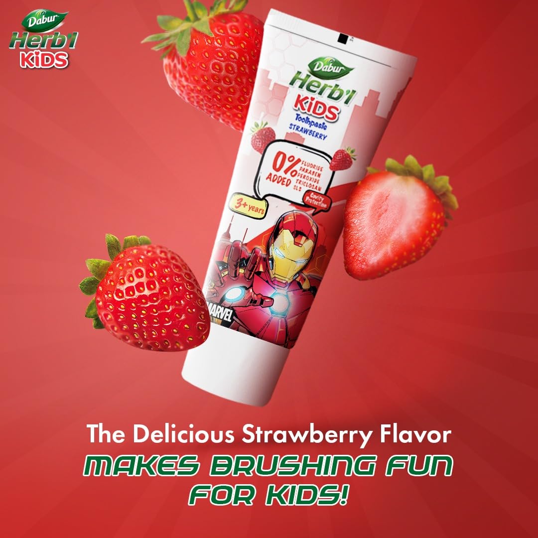 DABUR Herb'l Kids Iron Man Toothpaste|3+ Years|Strawberry Flavour|80 G|No Added Chemicals|Cavity Protection|Fights Germs|Strong Teeth,Healthy Gums|Natural & Safe For Kids|Sls & Flouride Free