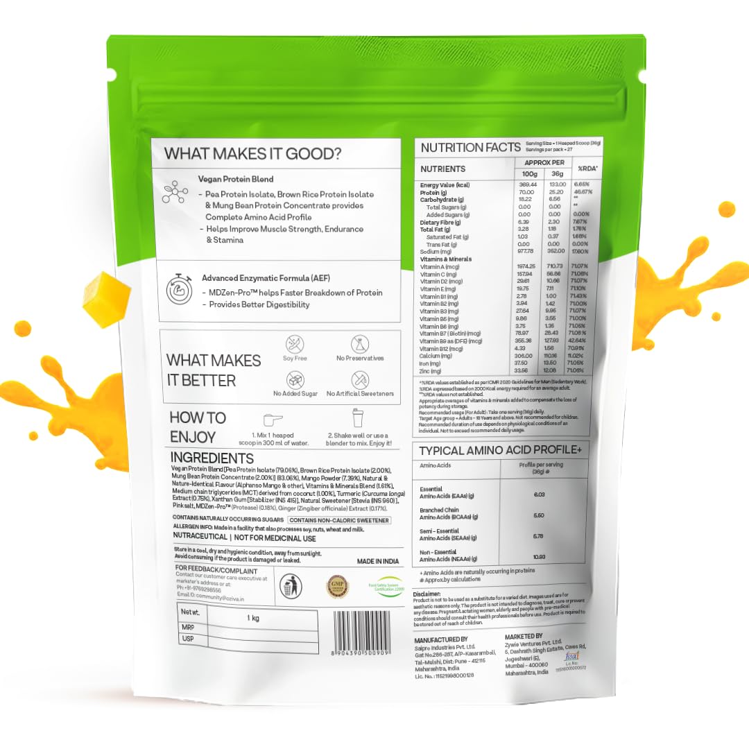 OZiva Bioactive Plant Protein Powder, 5.5g BCAA, Pea Isolate, Mango, 1kg