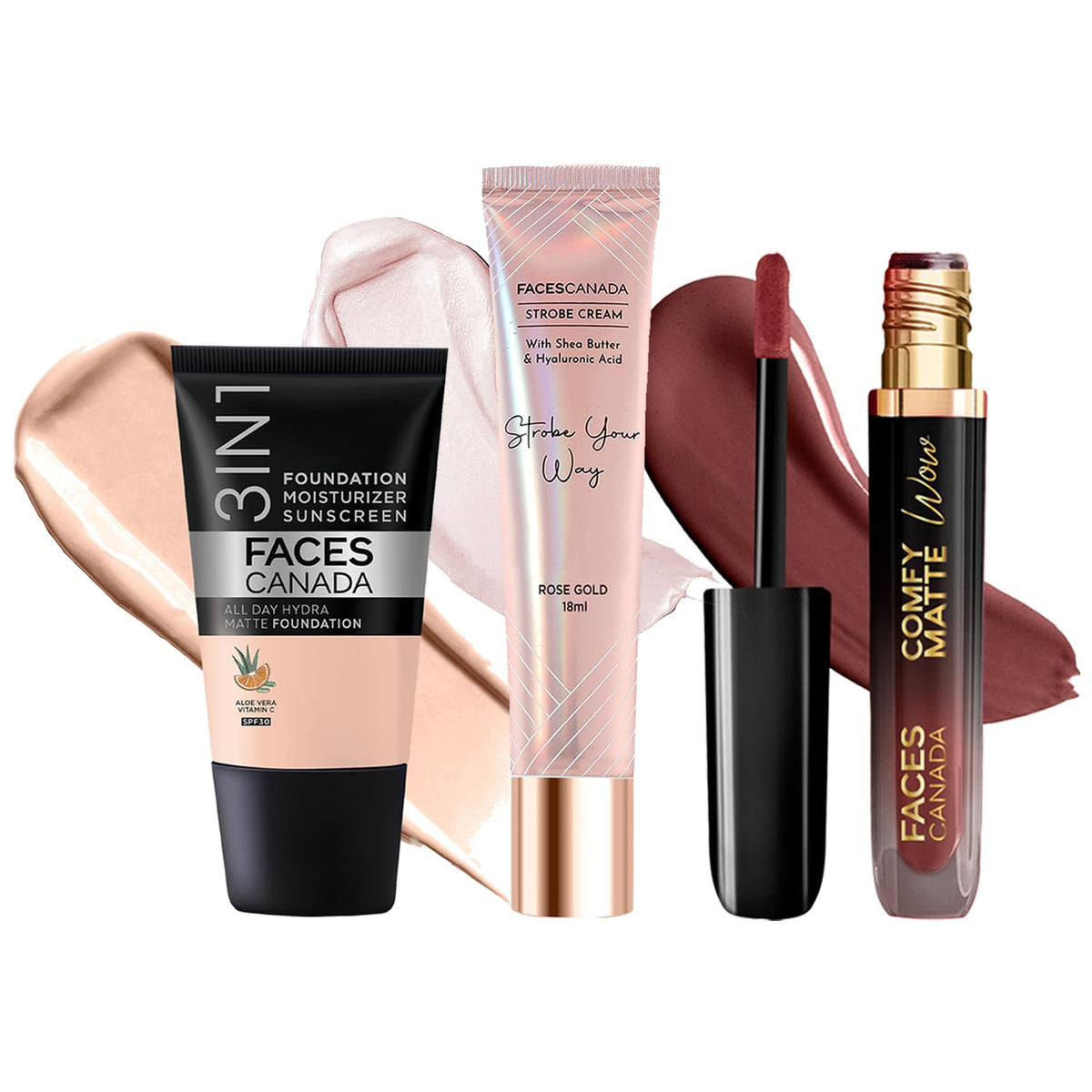 FACESCANADA Celeb Glow Combo | Strobe Cream - Rose Gold, 18ml + Hydra Matte Foundation - Rose Ivory, 18ml + Comfy Matte Wow - Cocoa Crush, 3.8ml | Highlighter |