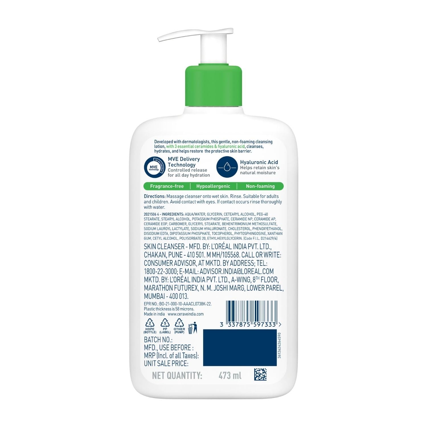 CeraVe Hydrating Cleanser For Normal To Dry Skin (473ml) - Non-Foaming Face Wash with Hyaluronic Acid And Ceramides | Non-Comedogenic, Non-Irritating And Fragrance-Free Cleanser