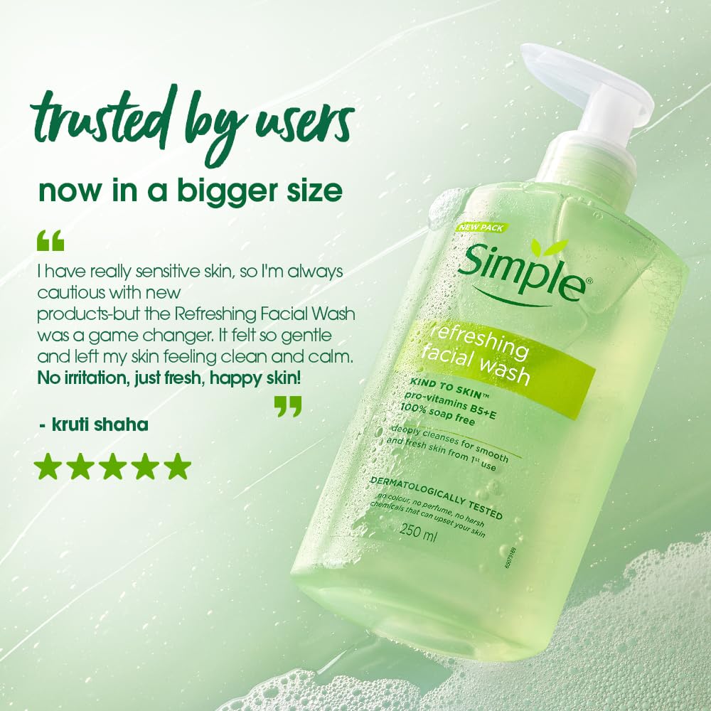 Simple Kind to Skin Refreshing Facial Wash | 100% Soap-Free Gentle Cleanser with Vitamin E & Glycerin | For All Skin Types | Perfect for Sensitive Skin, 250ml 2