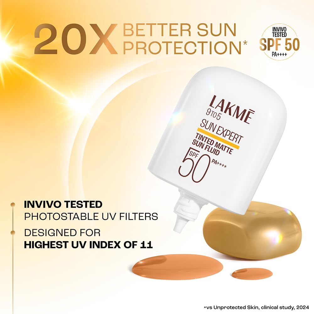 Lakme Sun Expert Tinted Dry Matte Sunscreen Fluid SPF 50+ PA++++ | 1% Ceramide Complex for Skin Barrier Repair | Sheer Coverage Foundation Like Finish – Bronze