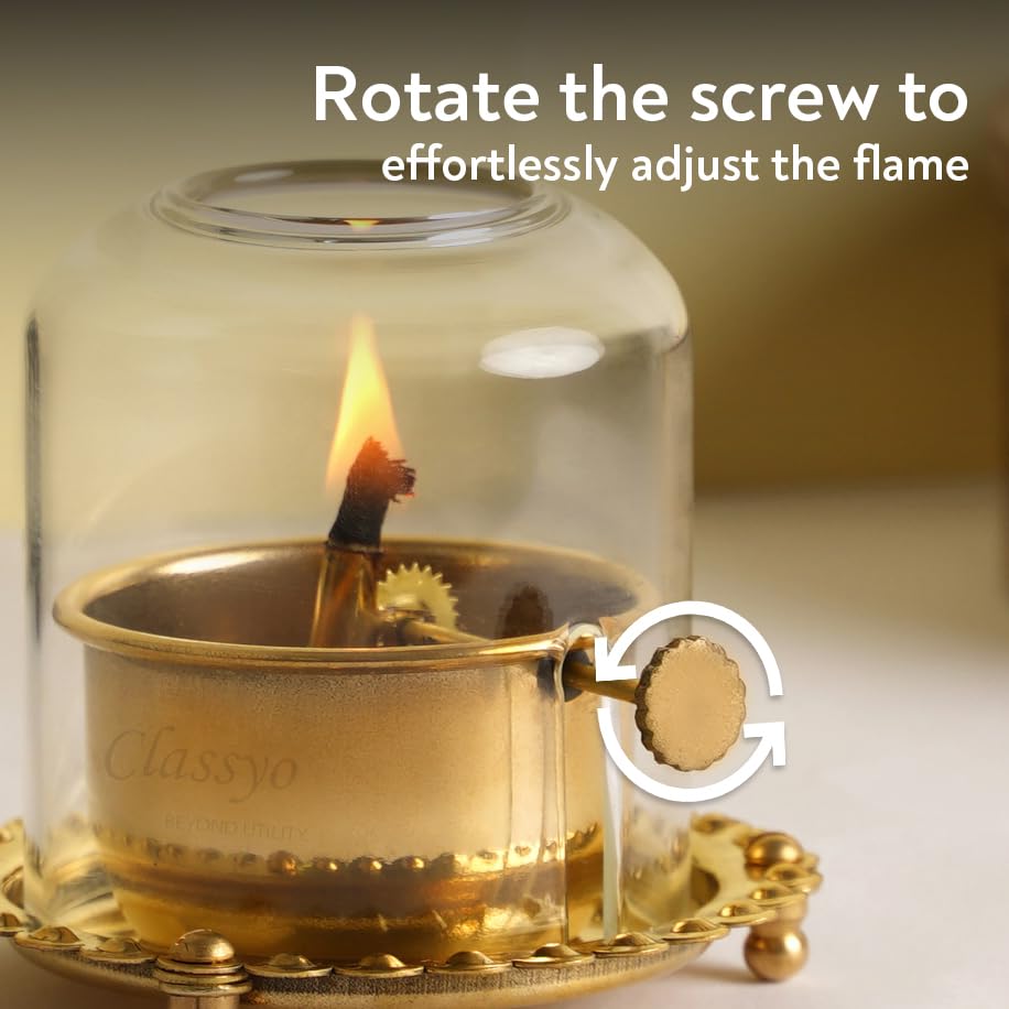 Classyo Brass Akhand Diya with Adjustable Bati, with Screw Lever for Puja, Borosilicate Glass (4 inch, 180 ml Oil Capacity) Large