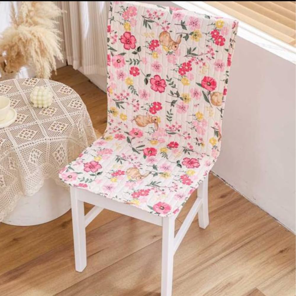 HOMETHREADS Floral Quilted Cotton Chair Cover – Soft, Comfortable Dining Chair Seat Protector with Non-Slip Backing & Strong Elastic Strap for Snug Fit (Cream_P