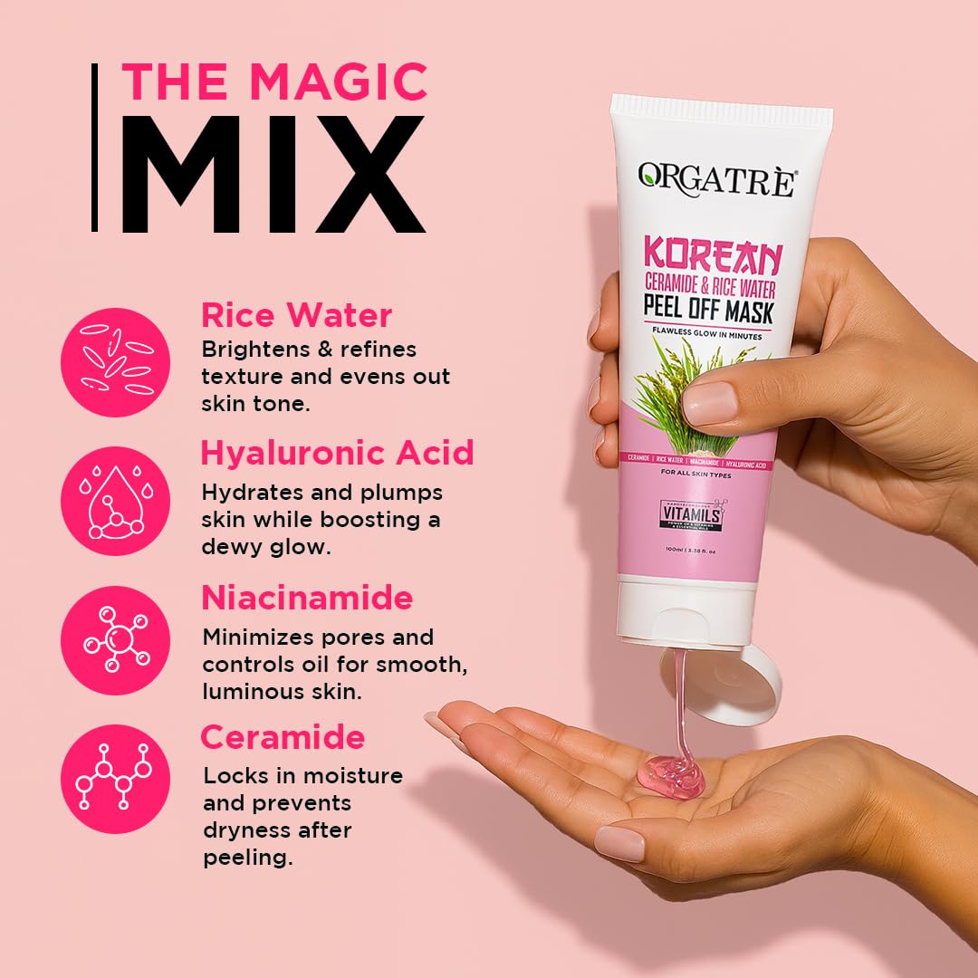 Orgatre Korean Peel Off Mask with Ceramide & Rice Water | Brightening & Hydrating Face Mask | Removes Blackheads, Dead Skin & Tan | For Glassy & Radiant Skin |