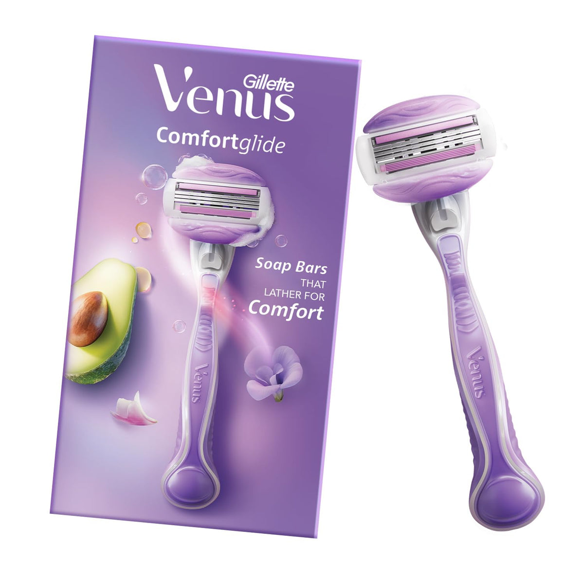 Gillette Venus Comfortglide Hair Removal Razor for Women with Avocado Oils & Body Butter, Freesia Scent, 1 Pc Purple,white 1 count (Pack of 1) Venus Breeze Razo