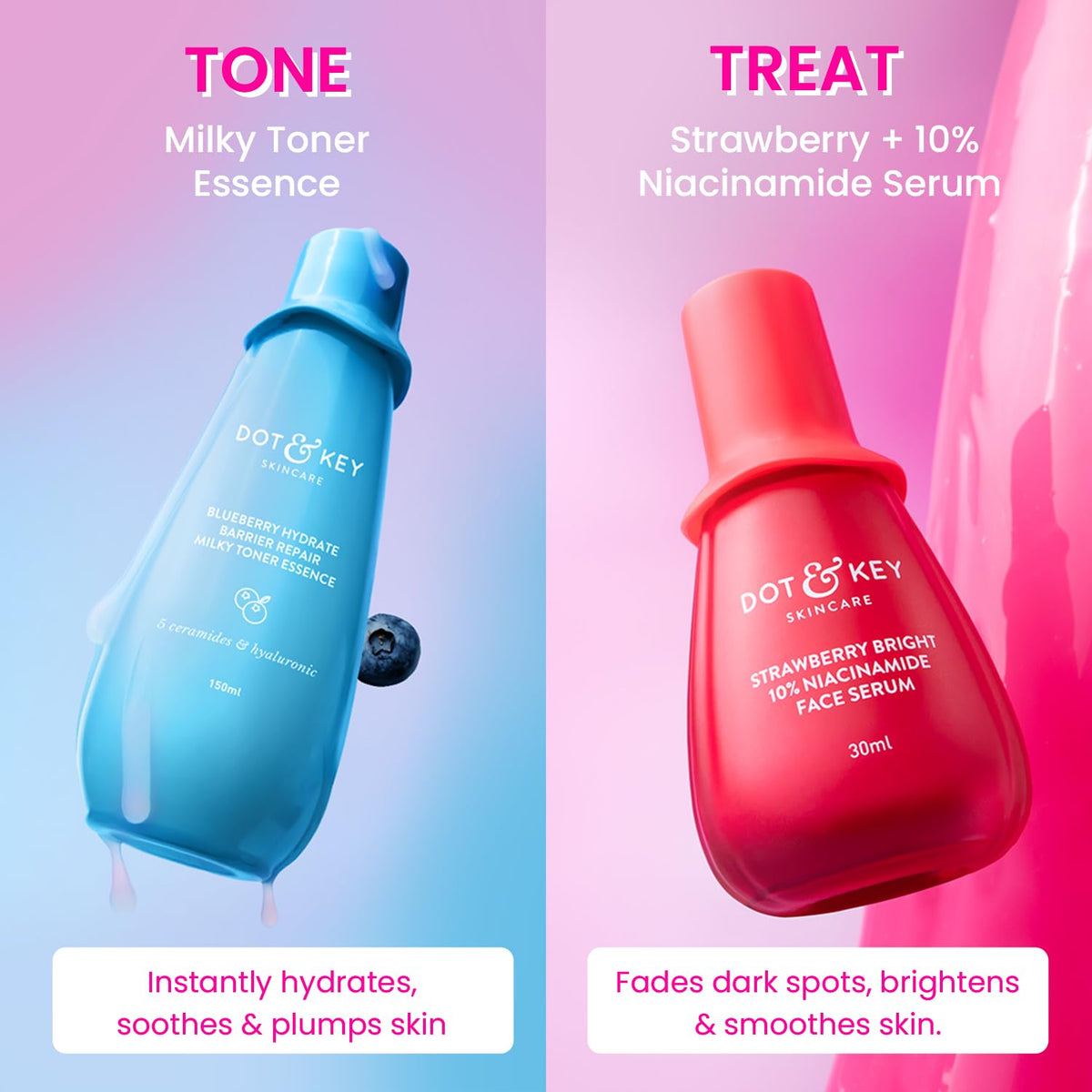 Dot & Key Strawberry Niacinamide Serum + Barrier Repair Toner Combo | Hyaluronic & Rice Water, Hydrates & Smoothes Skin | Fades Dark Spots, Hyperpigmentation &