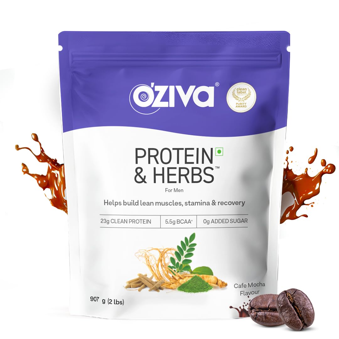 OZiva Protein & Herbs for Men, No Added Sugar, Green Tea, Cafe Mocha, 907G