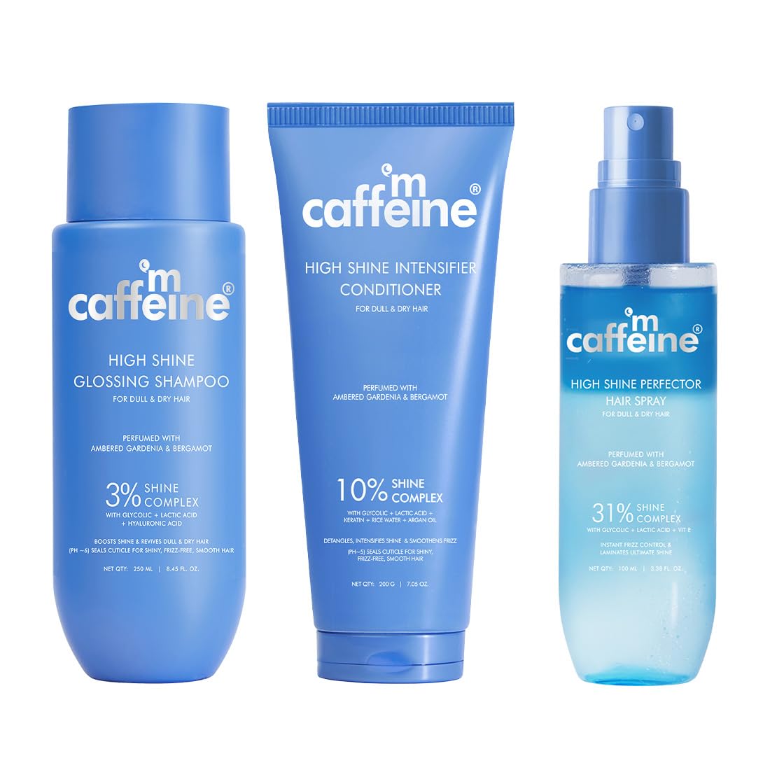mCaffeine Complete Glossy Hair Routine | Shampoo + Conditioner + Anti-Frizz Perfume Hair Spray | New Shine Complex for Shiny Hair & 48Hr Frizz Control | Long La