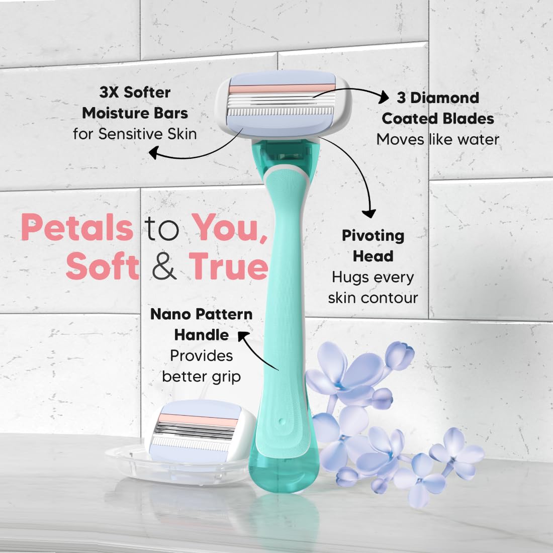 Letsshave Evior 3 Sensitive Shaving Razor for Women | 1 Handle + 2 Blades | Dual Moisture Bar with AloeVera, Vitamin E, Argan & Avocado Oils | Bikini & Underarm
