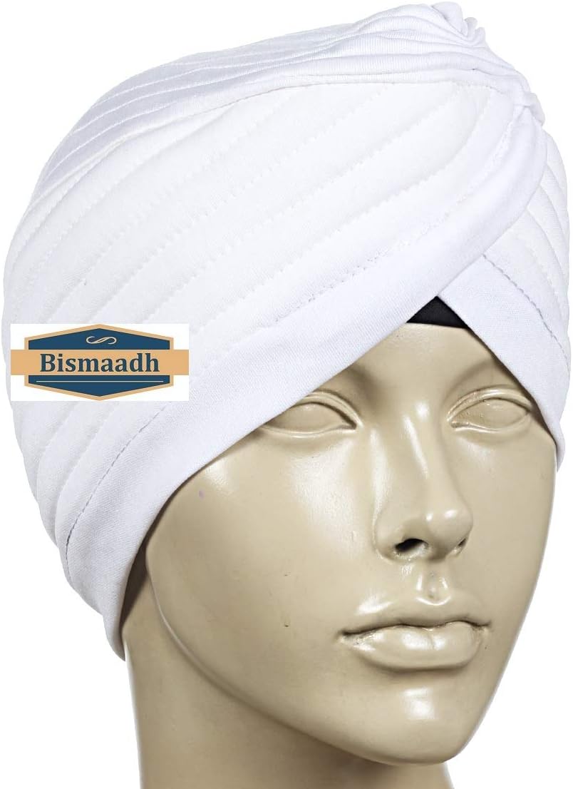 BISMAADH Instant Readymade Turban for Men & Women Head Wrap Lightweight Cap Headwear Sikh Pagri One Size White