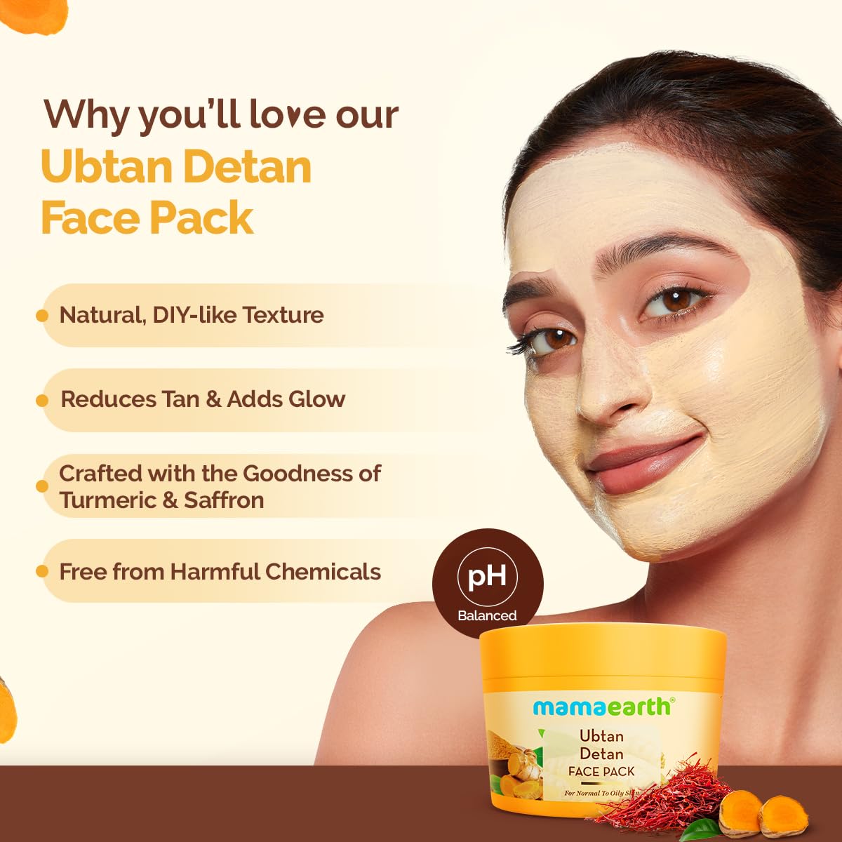 Mamaearth Ubtan Detan Face Pack with Turmeric & Saffron for Normal to Oily Skin 200 g | Natural, DIY-like Texture | Instantly Reduces Tan, Adds Glow | Clay Face