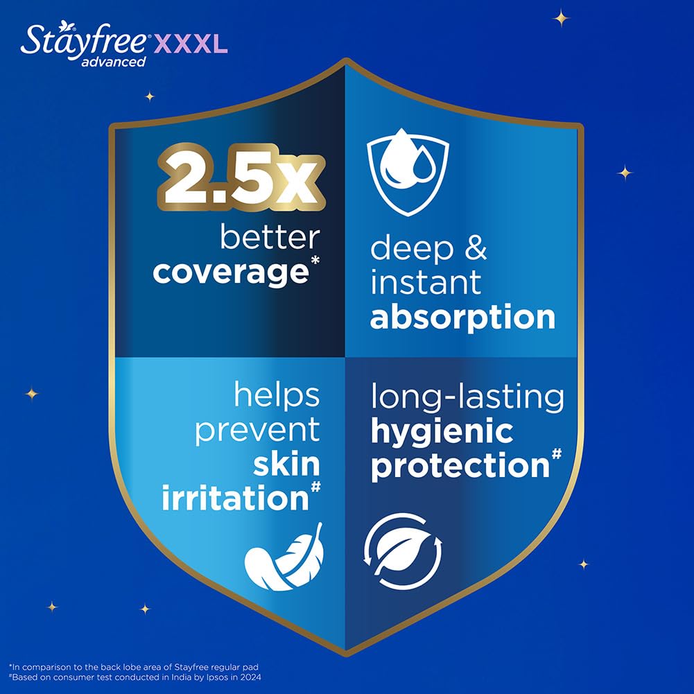 Stayfree Advanced XXXL Thin Sanitary Pads for Women | 16 Soft Cotton Pads for All Night Ultra Comfort | Absorbs 2x More with Wider Back | Prevent Rashes | Odour