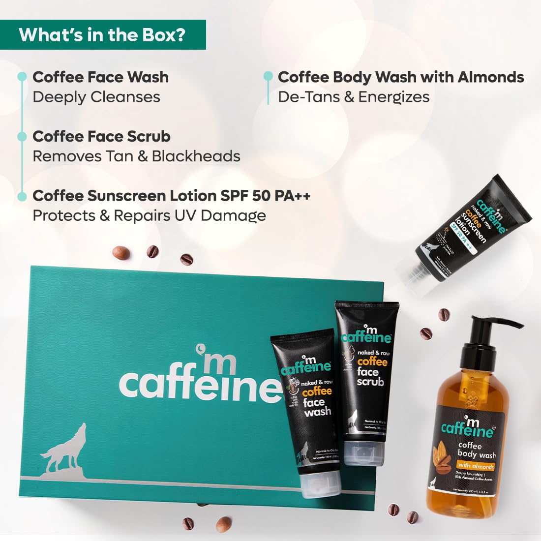 mCaffeine Gift Kit Set for Rakhi for Women & Men with Pure Coffee Skincare | For Him & Her with Face Wash, Scrub, Body Wash & Sunscreen | Suitable for All Occas