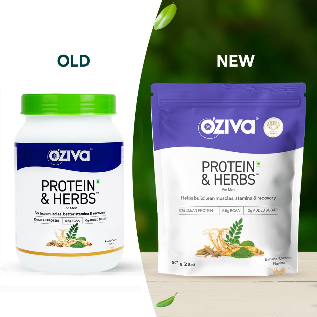 OZiva Protein & Herbs for Men, No Added Sugar, Banana Caramel, 907g