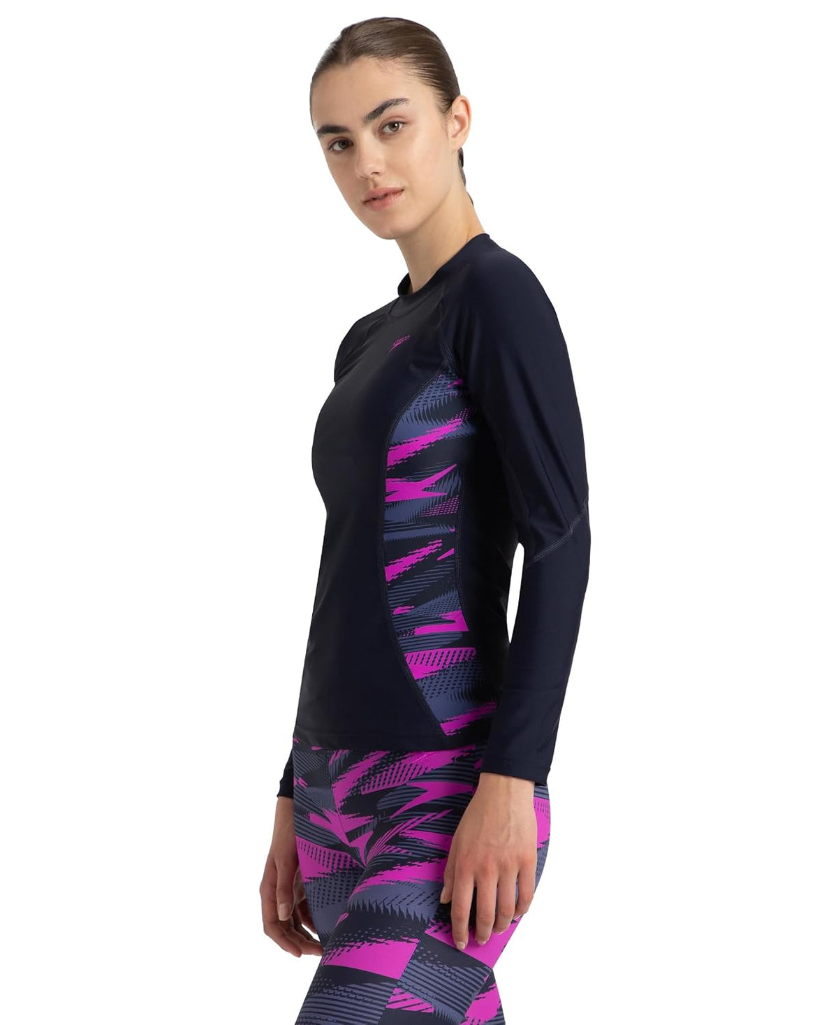 Speedo Women's Hyperboom Splice Print Long Sleeve Suntop - True Navy, Hapuna Blue & Diva True Navy, Hapuna Blue & Diva M