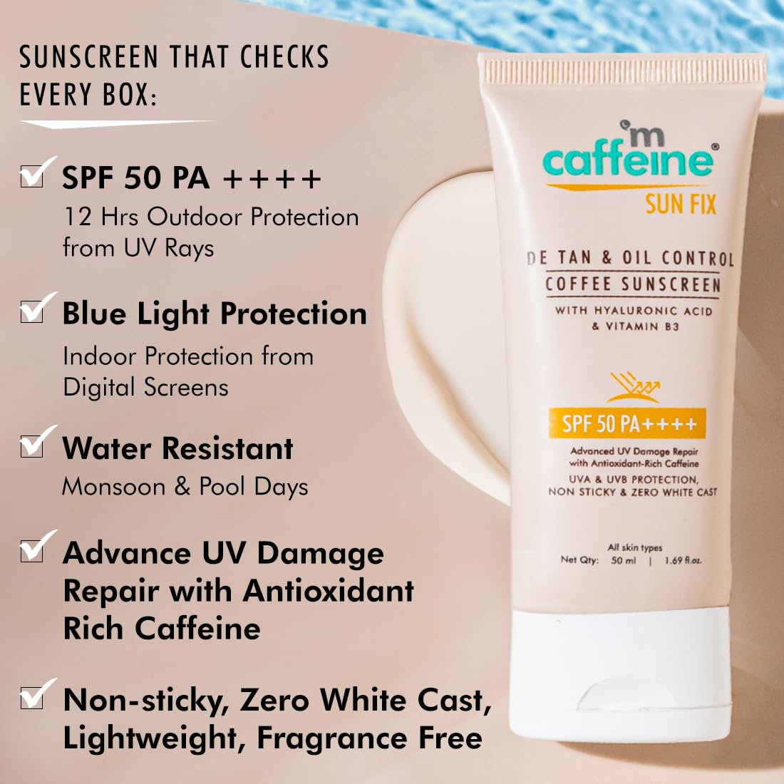 mCaffeine Matte Sunscreen SPF 50 for Men & Women | Lightweight, Water Resistant, Zero White Cast | Sun Protect, Prevents Tan & Repairs UV Damage | All Skin Type