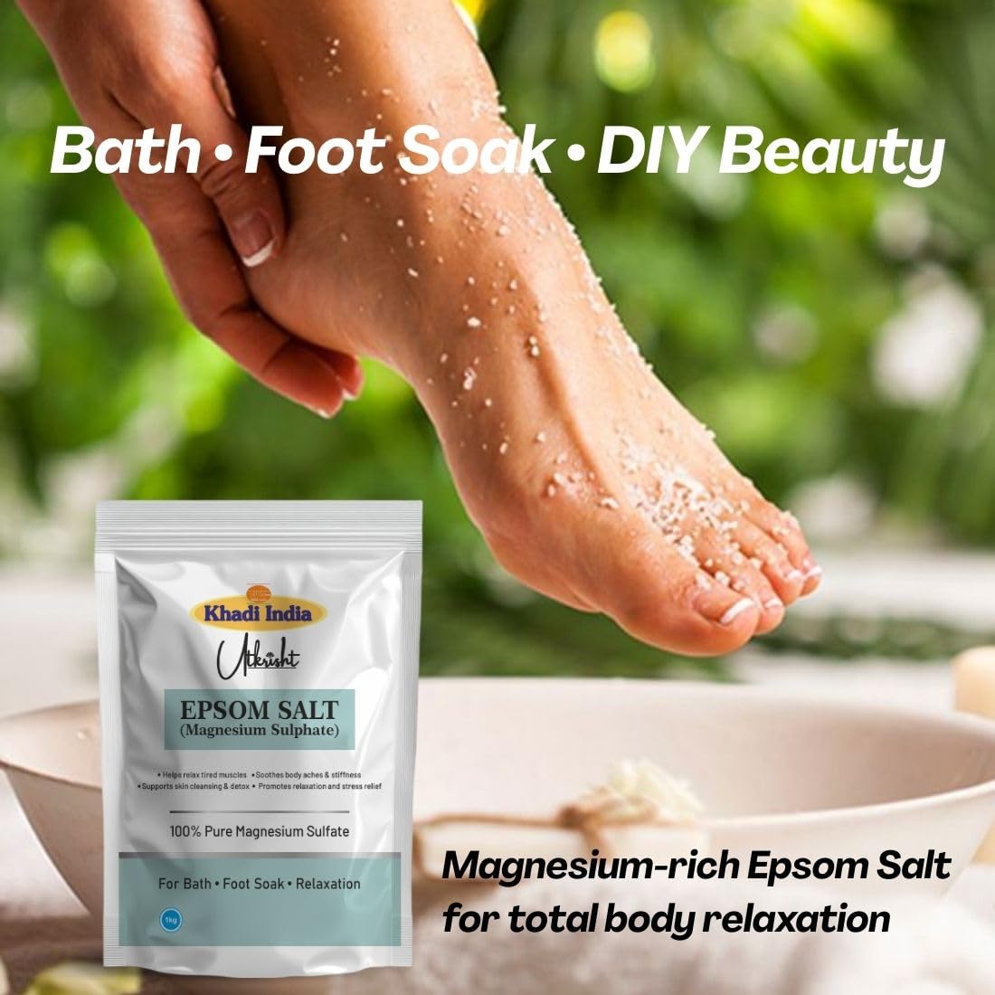 Khadi Utkrisht Epsom Salt, 100% Pure Magnesium Sulphate, Bath and Foot Soak for Muscle Pain Relief, Relaxation and Detox, 1 kg
