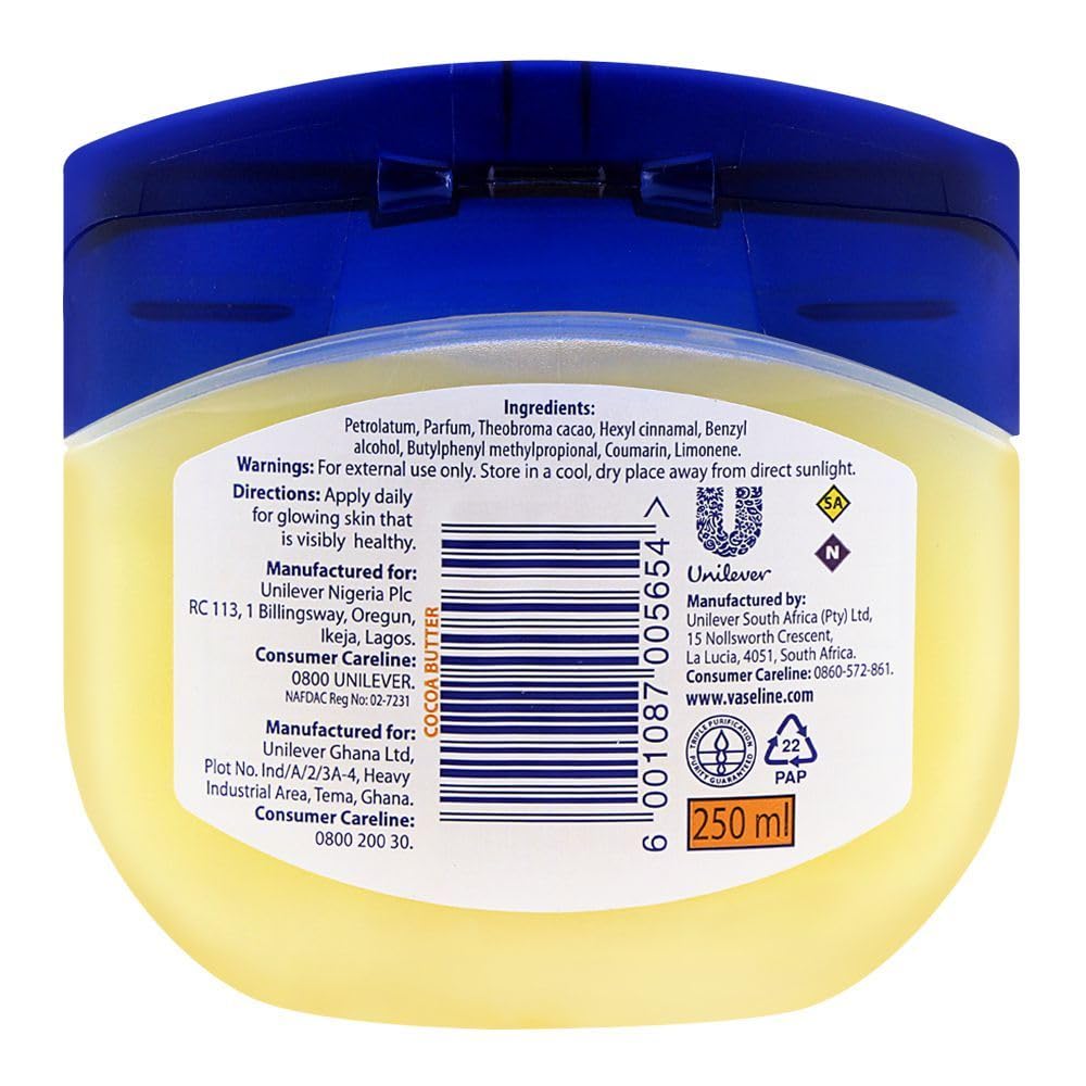Vaseline 100% Pure Petroleum Jelly (Cocoa Butter, 250ml) 212 g (Pack of 1)