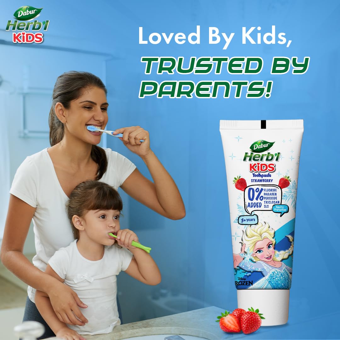 DABUR Herb'l Kids Elsa Frozen Toothpaste|3+ Years|Strawberry Flavour|80g|No added chemicals|Cavity protection|Fights germs|Strong Teeth,Healthy Gums|Natural & Safe For Kids|SLS & Flouride free