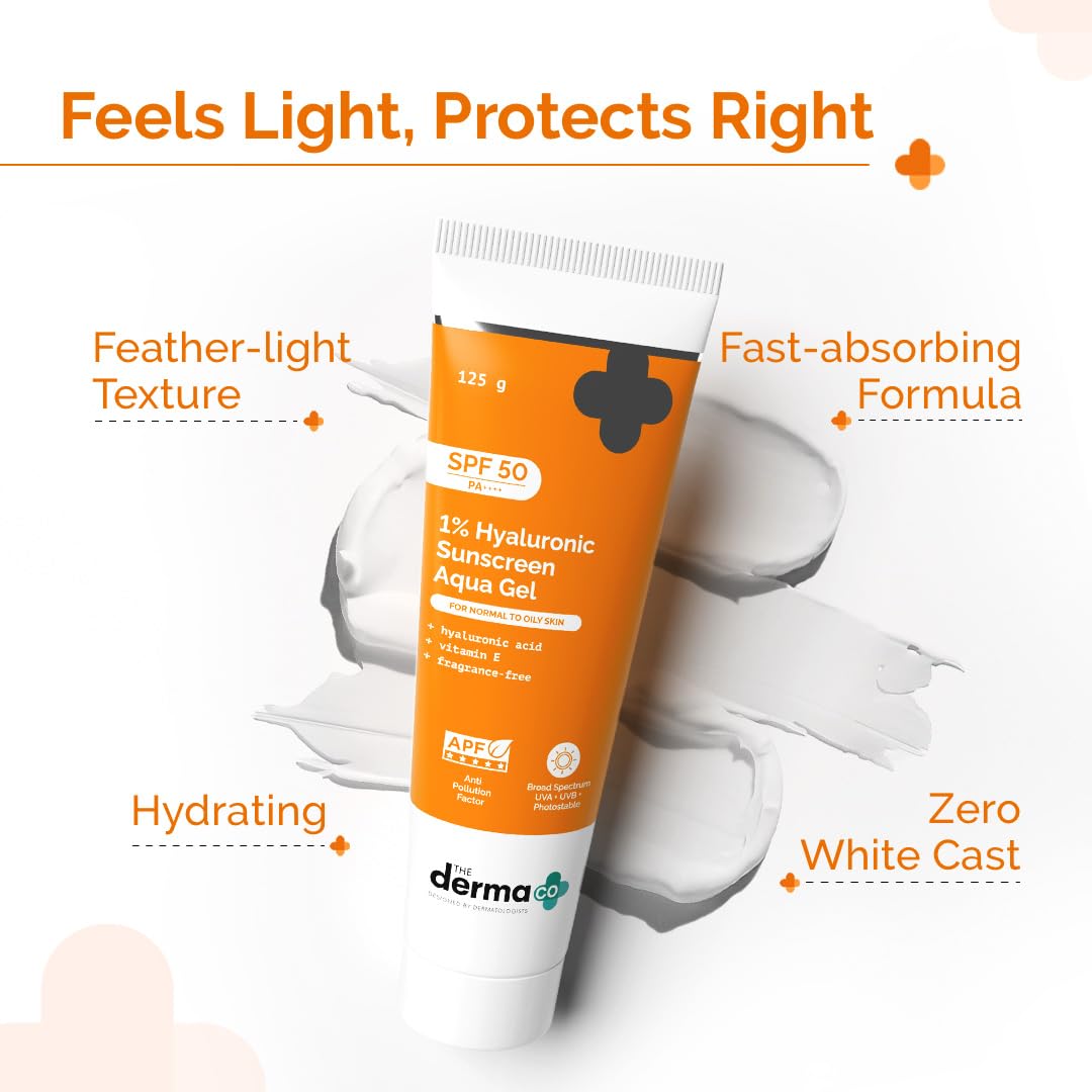 The Derma Co 1% Hyaluronic Sunscreen Aqua Gel SPF 50 PA++++ | Hydrating, Lightweight & Non-Greasy | No White Cast | Broad Spectrum & Blue Light Protection | Clinically Tested - (In-Vivo) | 125 g