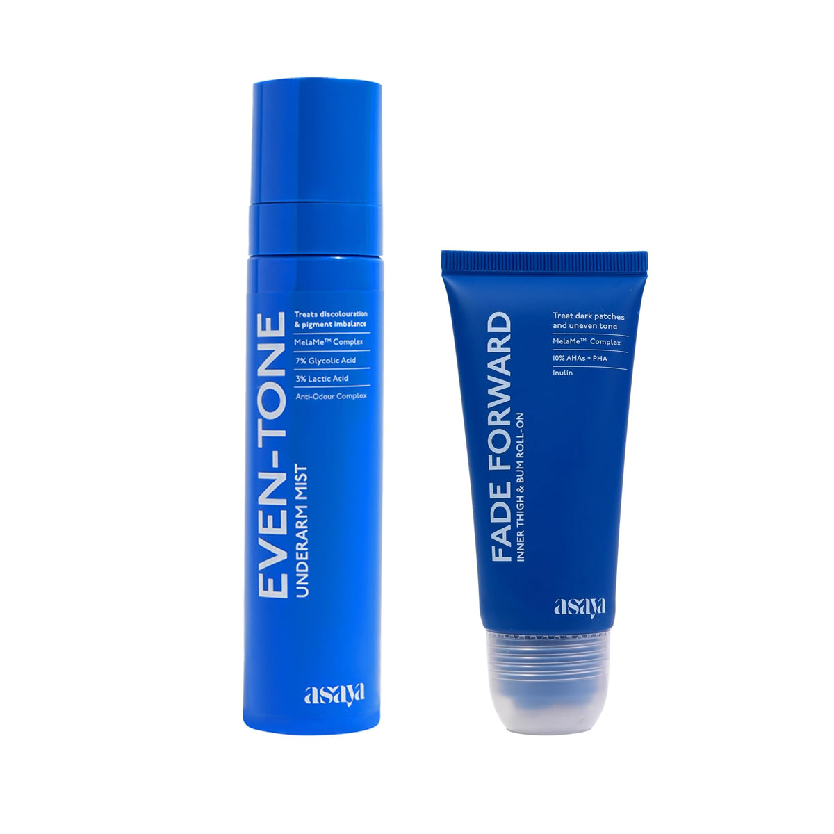 Asaya Target & Fade Duo with MelaMe™ Complex - Even Tone Underarm Mist 100 ml + Fade Forward Inner Thigh & Bum Roll-On 70 ml | Pigmentation Care for Dark Undera