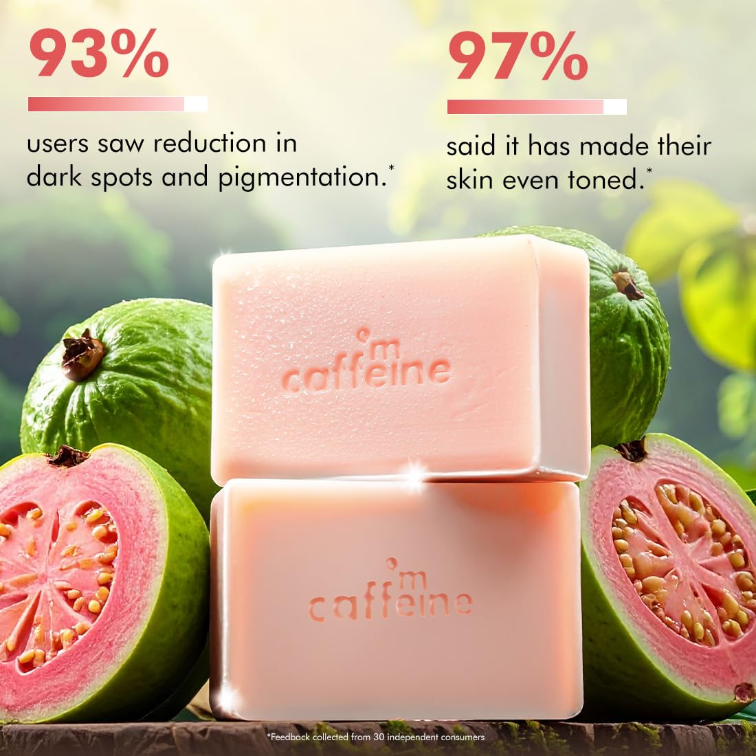 mCaffeine Brightening Tan Removal Soap - 1% Kojic Acid & Glutathione -Pack of 3x100g | Niacinamide, Glycolic Acid - Reduce Dark Spots | Tangy Guava Perfumed Bar